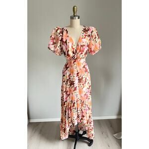 ASTR The Label‎ Jennell Maxi Dress Small Brown Red Floral Cutouts High Low